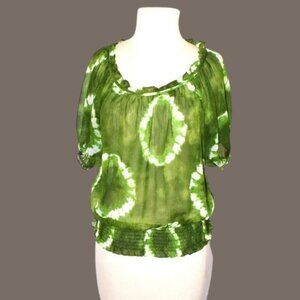 EUC Michael Michael Kors Sheer Tie-Dye Pullover Blouse Short Sleeve Green White